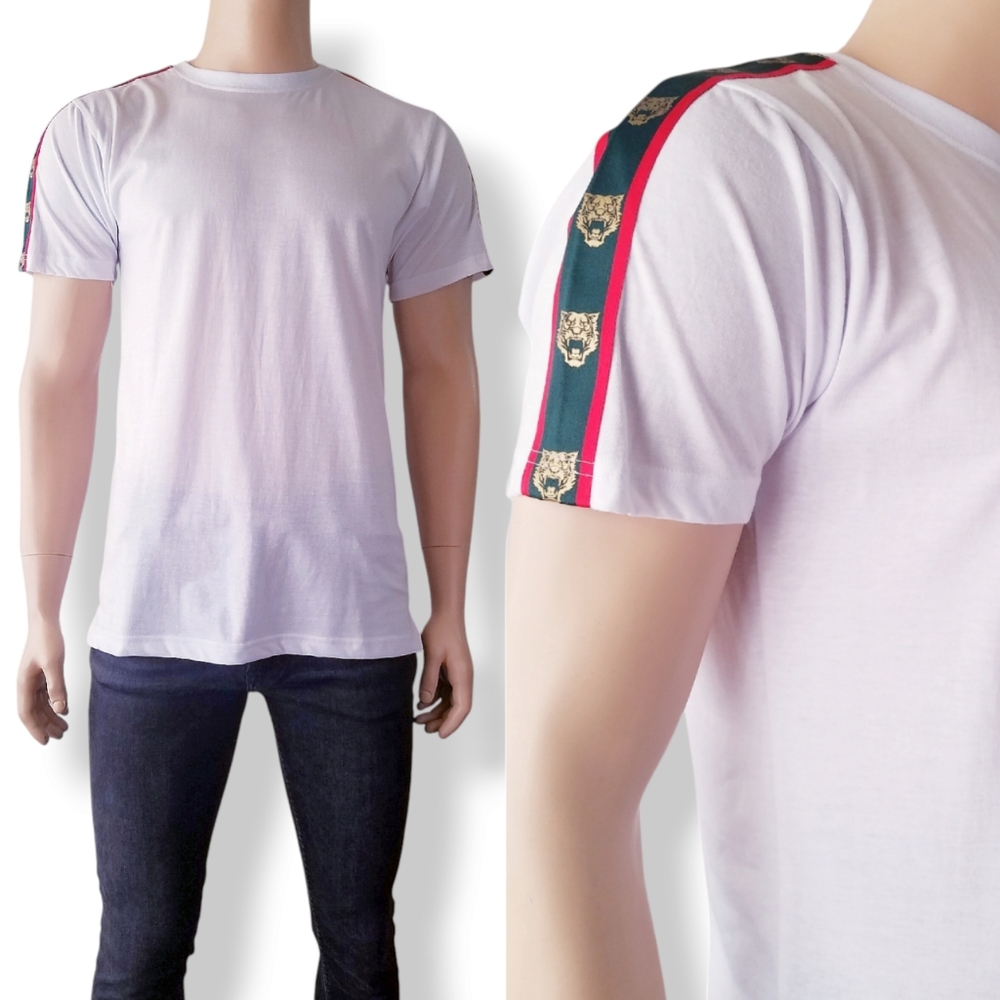 Victorious White Green & Red Side Striped Monogram T-Shirt